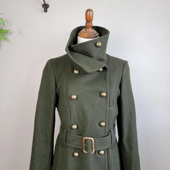 BCBGMaxAzria S Trench Peacoat Wool Cashmere Long Olive Green Coat Jacket BCBG - Picture 3 of 15